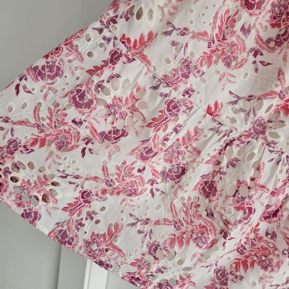 Greylin Pink Floral Eyelet Puff Sleeve Tiered Midi Dress Romantic Cottagecore L - Picture 3 of 6